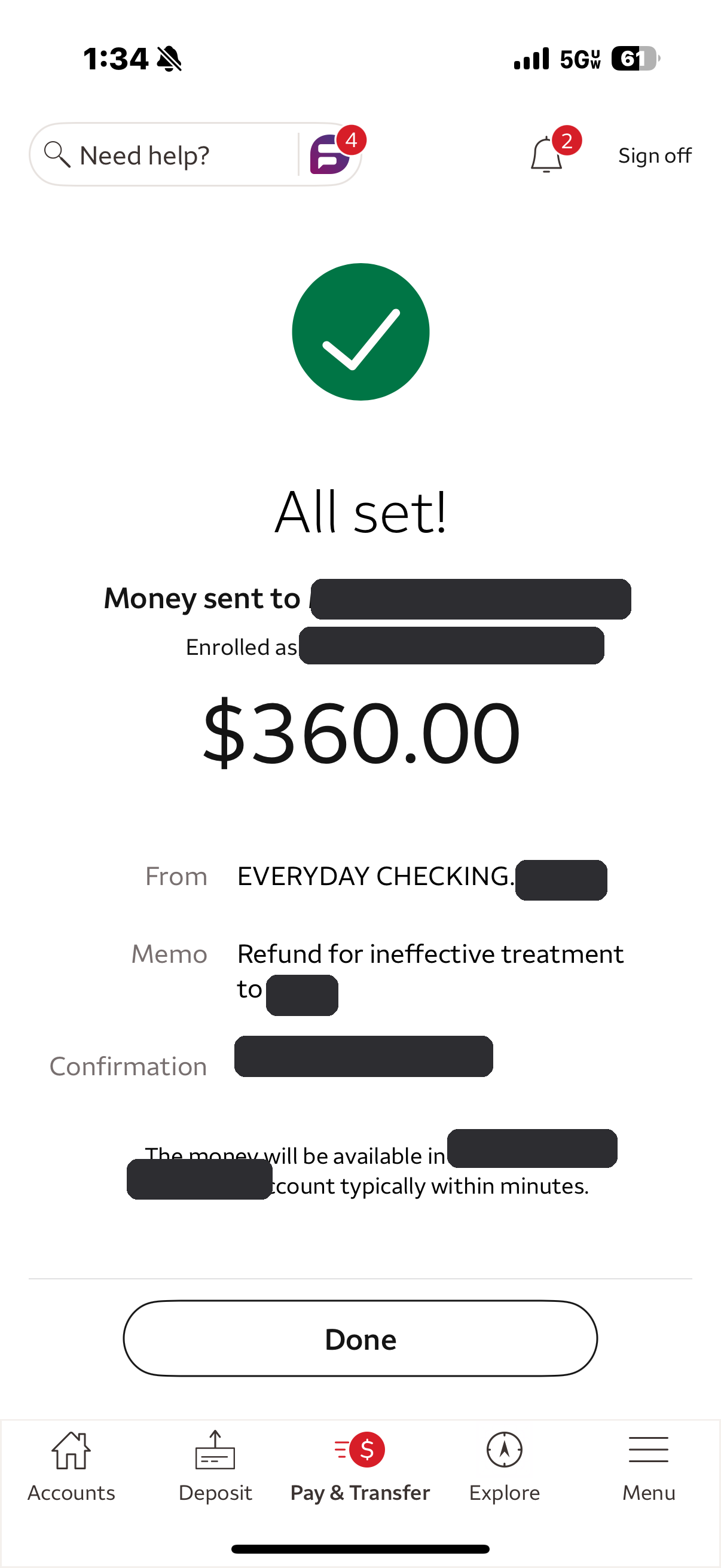 Redacted Zelle confirmation showing a 360 dollar refund