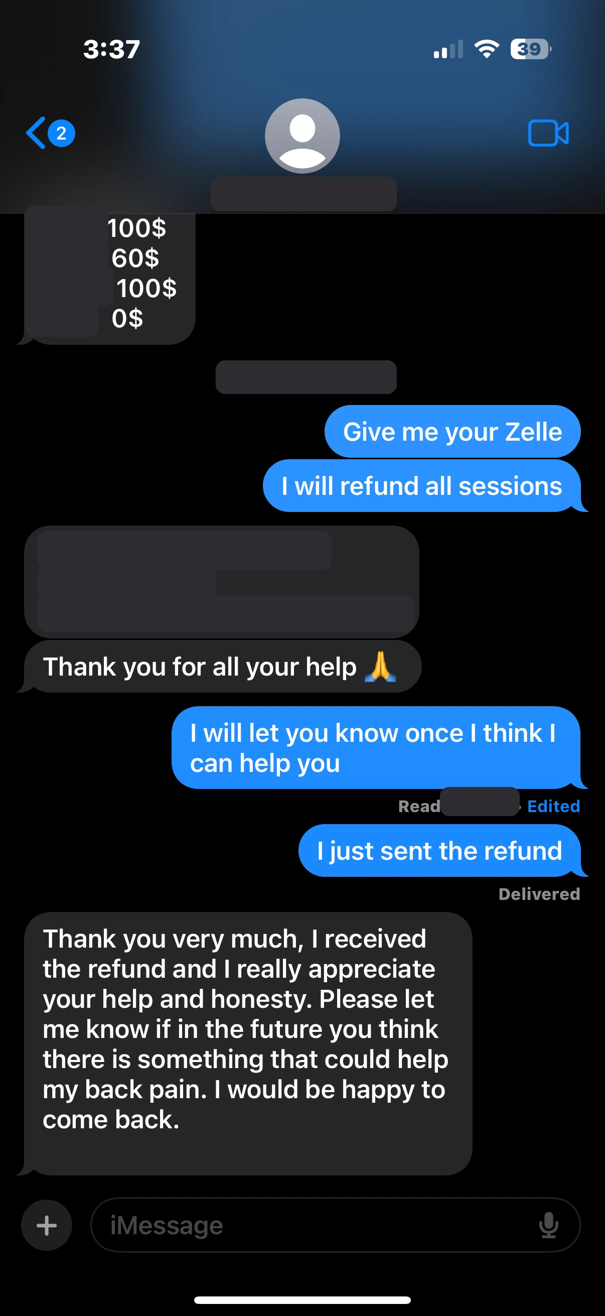Redacted text exchange showing Dr. Yang offering a full refund and the patient confirming receipt