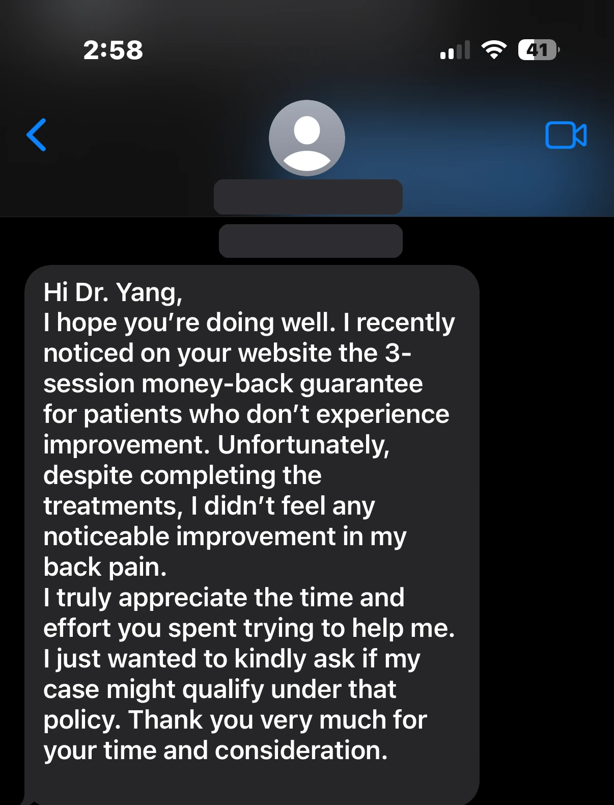 Redacted text message in which a patient reports no noticeable improvement and asks whether the guarantee applies